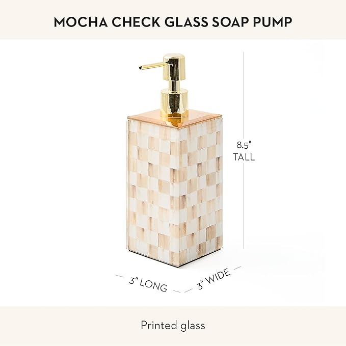 MACKENZIE-CHILDS Glass Soap Pump, Liquid Soap Dispenser, Brown-and-White Mocha Check