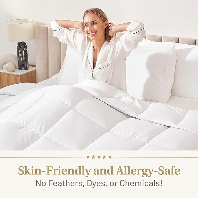 Lavish Comforts® Down Alternative Oversized Queen Comforter - Extra Fluffy Duvet Insert, Hotel Queen, Puffy Thick All Season Premium Cooling Comforter - White 102 x 86