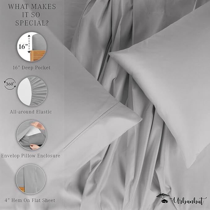 URBANHUT 700 Thread Count Egyptian Cotton Sheets King Size, 4Pc Sheet Set Soft Luxury Bed Sheets for King Size Bed, Sateen Weave Hotel Sheets, 16'' Elasticized Deep Pocket - Silver Grey