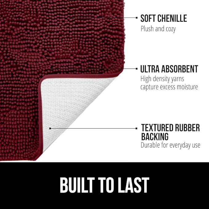 GORILLA GRIP Bathroom Rug Sets 3 Piece, Bath Mat Set and Oval Toilet Base with Rubber Backing, Plush Absorbent Shaggy Chenille Washable Mats, Includes 24x19.5, 24x17 and 30x20 Inch Rugs, Burgundy