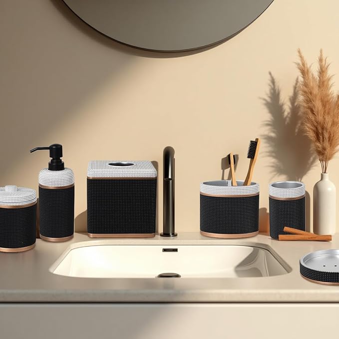 Decozen Bathroom Accessories Set 6Pcs – Soap Dispenser, Toothbrush Holder, Tumbler, Soap Dish & Cotton Swab Jar – Modern Bathroom Decor, Bath Set for Christmas Decor, Seiler