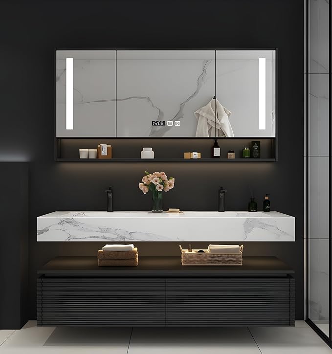 Double Bathroom Vanity with Sink, Oak Wood Bathroom Vanities with LED Smart Defogging Mirror Cabinet and Floating Open Shelf, Modern Bathroom Vanity with Rock Countertop & Faucet (Black,84")