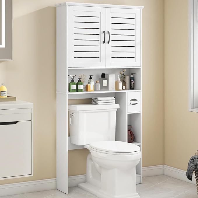 Over The Toilet Storage Cabinet, Wood Over Toilet Bathroom Organizer Cabinet with 2 Doors, Freestanding Home Space Save Toilet Rack for Restroom, Bathroom, Laundry, White