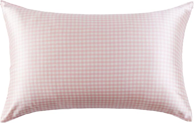 THXSILK Pink Plaid Style 6A+ Grade Mulberry Silk Pillowcase for Hair and Skin, 22 Momme Silk Pillow Case with Hidden Zipper, Organic Silk Pillowcase King Size 20x36 inches, 1PC, Pink Plaid