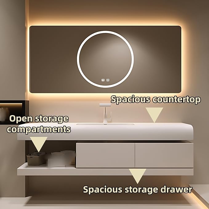 68IN Bathroom Vanity with Sink - Bathroom Cabinet Set has 2 Drawers & Overflow Hole Wall Mounted | LED Practical Defogging Mirror, Open Compartments, Seamless Rock Slab Basin (Cream White)