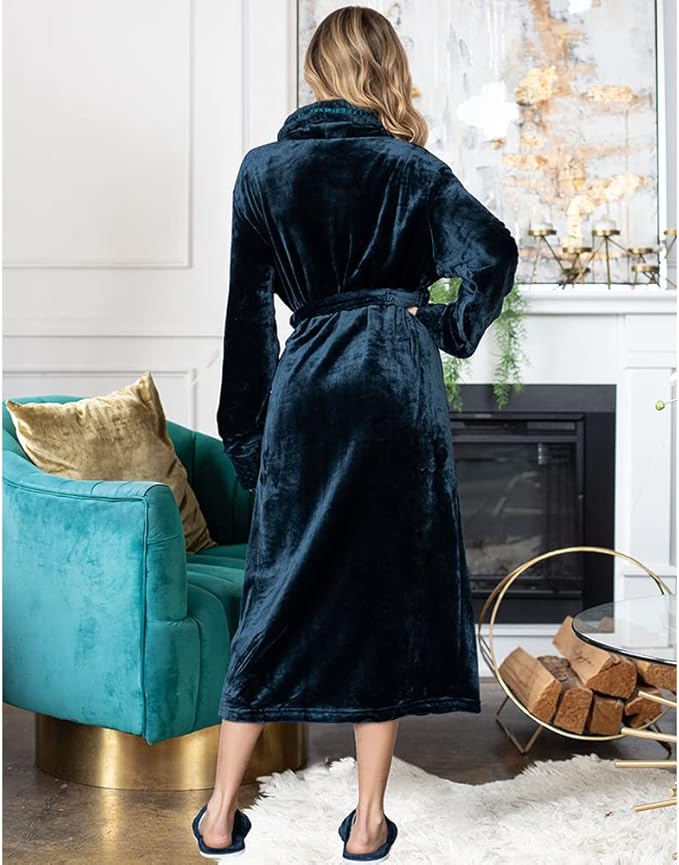Lotus Linen Plush Robes for Women - Soft Bathrobe, Custom Monogram, Warm Fleece Robe with Pockets
