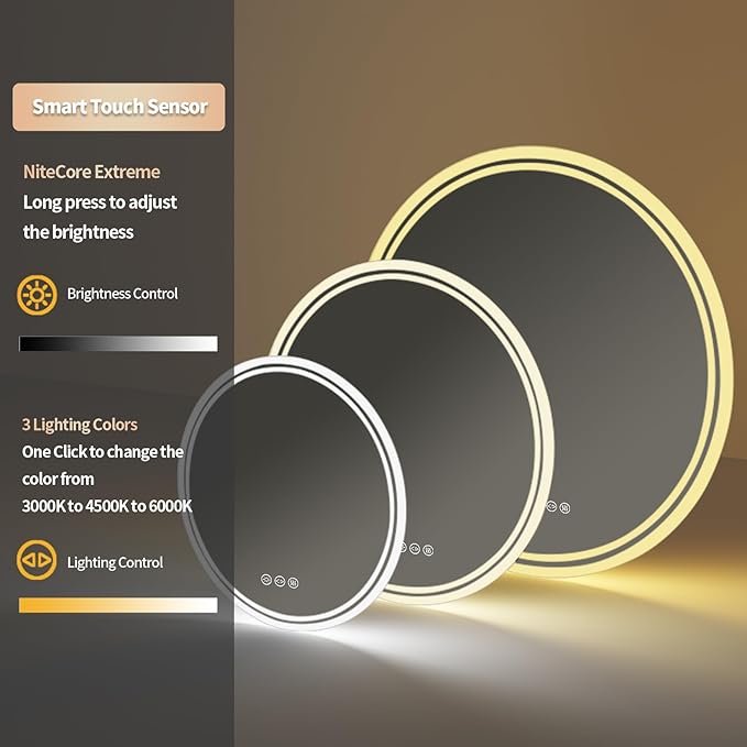LUVODI Lighted LED Bathroom Mirror: 32” Circle Wall Mounted Large Lighted Makeup Mirror with Bright Back Lit - Illuminated Dimmable 3 Colors Vanity Mirrors with Demister Pad Smart Touch Switch