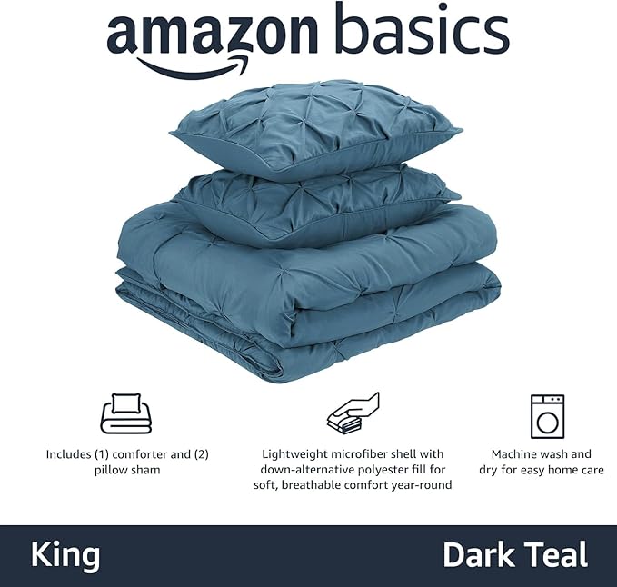 Amazon Basics Soft King Size Comforter Sets, All-Season Down-Alternative 3-Piece Bedding Set, Pinch Pleat Design, Dark Teal