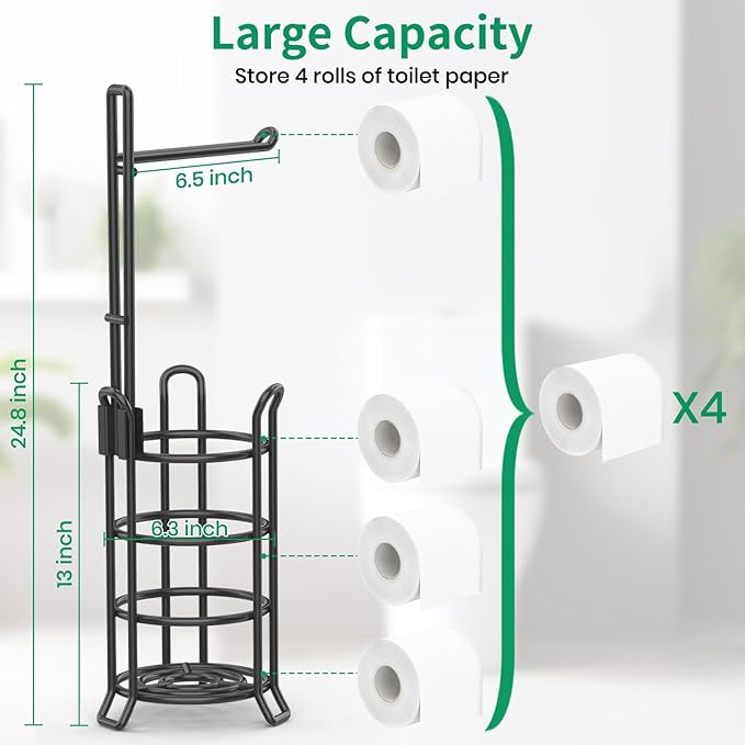 TomCare Toilet Paper Holder Toilet Paper Stand and Dispenser for 3 Spare Rolls Metal Wire Free-Standing Toilet Tissue Paper Roll Storage Shelf Bathroom Accessories Storage Organizer Black