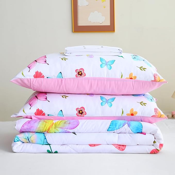 Wajade 7 Piece Butterfly Comforter Set for Girls Kids Cute Colorful Butterfly Flowers Floral Bedding Set Twin Size with Sheet and 2 Pillowcases 2 Pillow Shams Bed in a Bag as Birthday Choice
