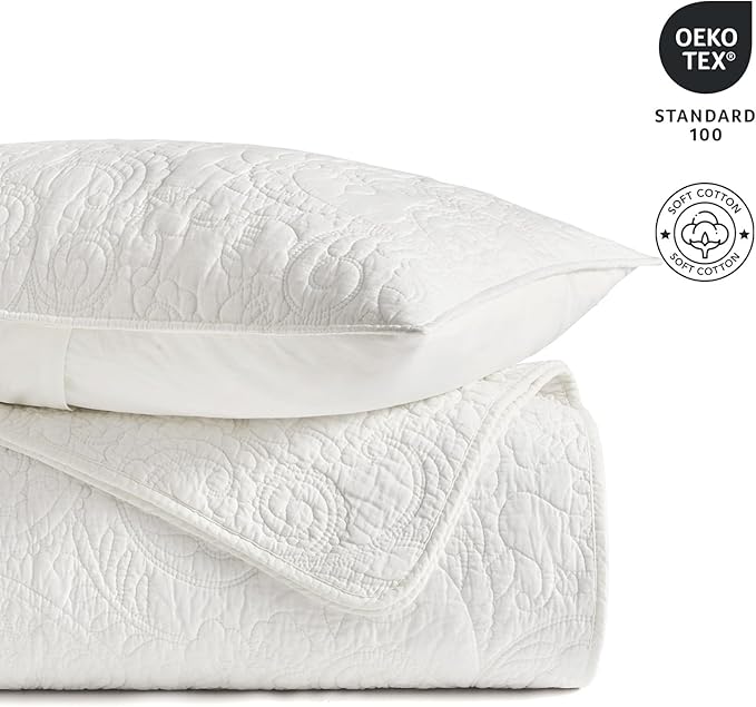 EVERGRACE 100% Cotton Paisley Quilt Set, King Size 3 Piece Set – Prewashed Lightweight Bedspread with 2 Shams, Soft & Breathable Matelasse Coverlet for All-Season Comfort, Bright White