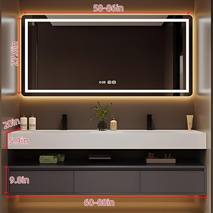 64IN Bathroom Vanity Double Sink - Double Sink Bathroom Vanity Set Include Smart Defogging Bathroom Mirror Cabinet with LED Light Strips, Abundant Storage Space with 3 Drawers (Mirror)