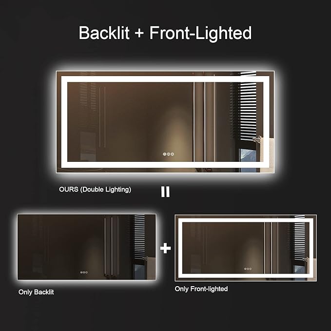 Amorho 60" X28" LED Bathroom Mirror, Backlit + Front-Lighted Vanity Mirror for Wall, Dimmable Makeup Mirrors, Anti-Fog, Memory, 3 Colors Lighting, Shatterproof, ETL Listed