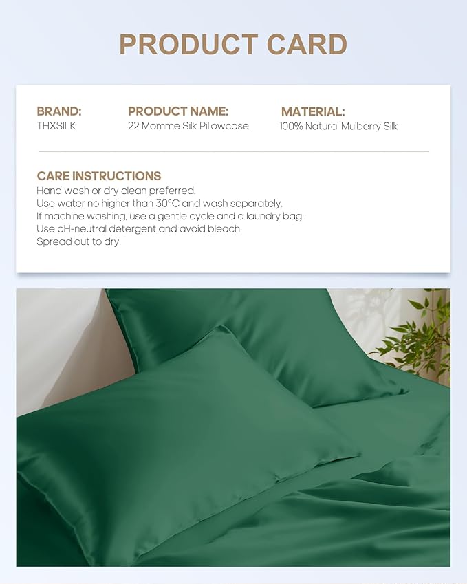 THXSILK 100% Pure Mulberry Silk Pillowcase for Hair and Skin, 6A+ Grade 22 Momme Silk Pillow Case Queen Size 20"x30", Real Silk Pillowcase with Zipper, Anti Aging Acne Free (Emerald Green)