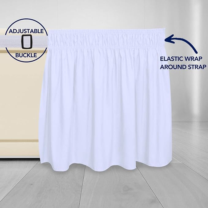 PureFit Wrap Around Ruffled Bed Skirt with Adjustable Elastic Belt - 22 Inch Drop Easy to Put On, Wrinkle Free Bedskirt Dust Ruffles, Bed Frame Cover for Twin, Twin XL and Full Size Beds, White