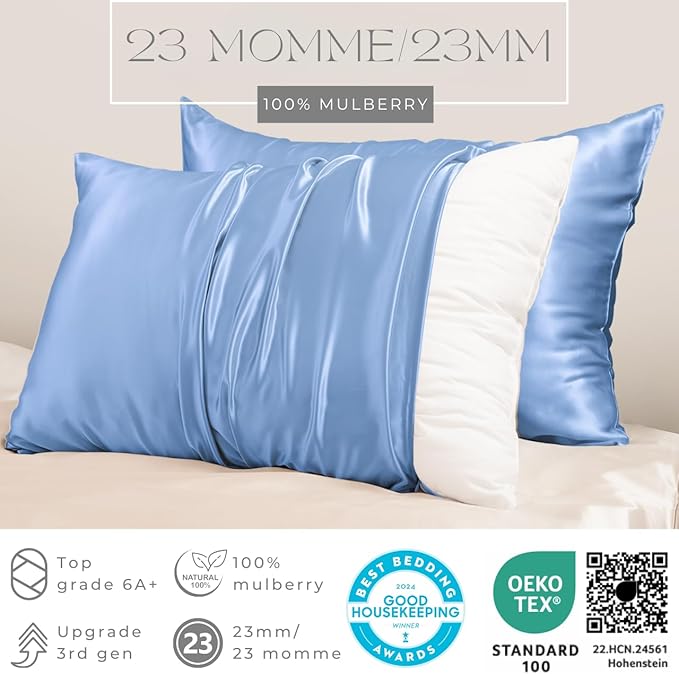 PROMEED Real 23 Momme 100% Silk Pillowcase for Hair and Skin, Both Sides Cooling Premium Grade 6A+ Mulberry Silk Pillow Case with Zipper, 1pc (King 20"x36", Light Blue)