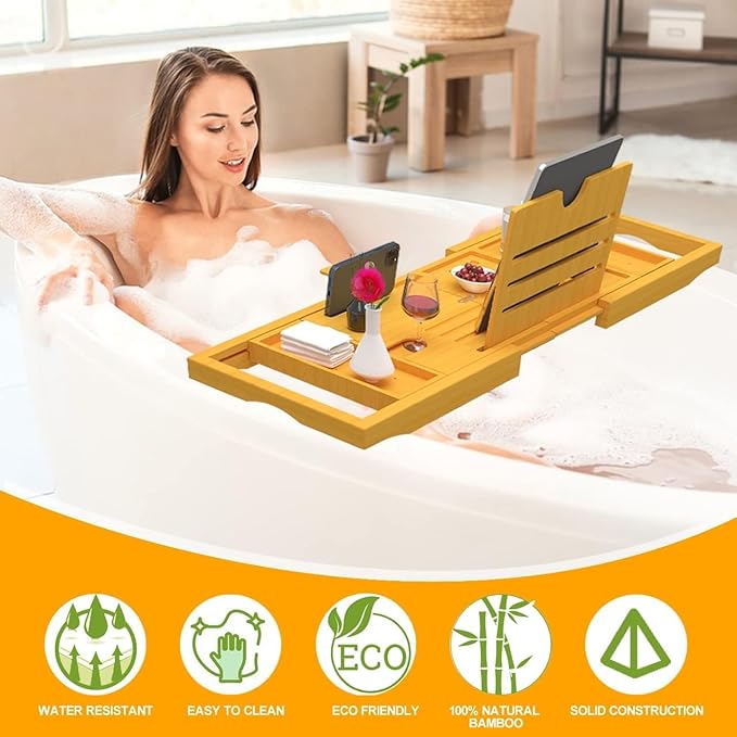 Premium Expandable Bamboo Bathtub Tray Caddy - Fits Most Bath Tubs