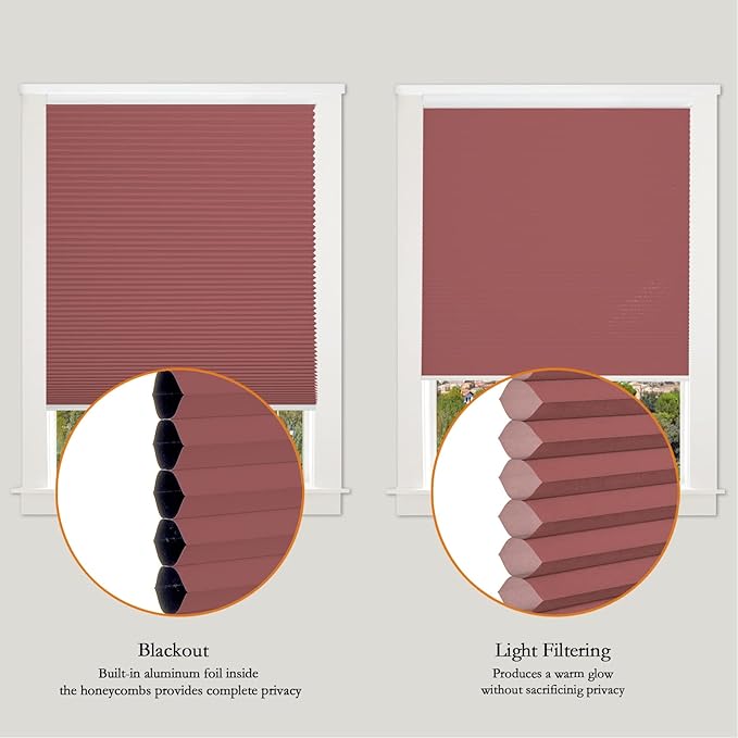 Persilux Custom Size Cordless Cellular Shades Light Filtering Roller Shades UV Protection Honeycomb Shades Pleated Window Shades for Home, Office and Doors Maroon