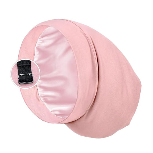 PARISBELLA Satin Sleep Cap Bonnet for Women, Stay On All Night Hair Wrap with Adjustable Strap for Curly Hair, Pink, Pack of 1