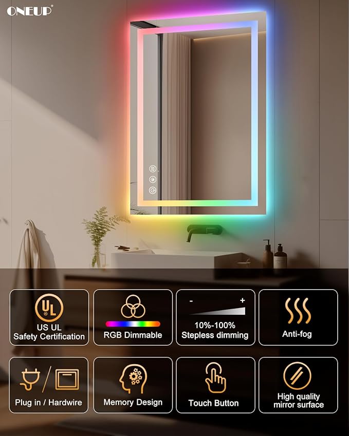 oneup 24x36'' RGB LED Bathroom Mirror with Lights,RGB Color Changing Bathroom Mirror,Lighted Vanity Mirrors for Wall,Dimmable,Anti-Fog,IP54 Waterproof (Horizontal/Vertical)