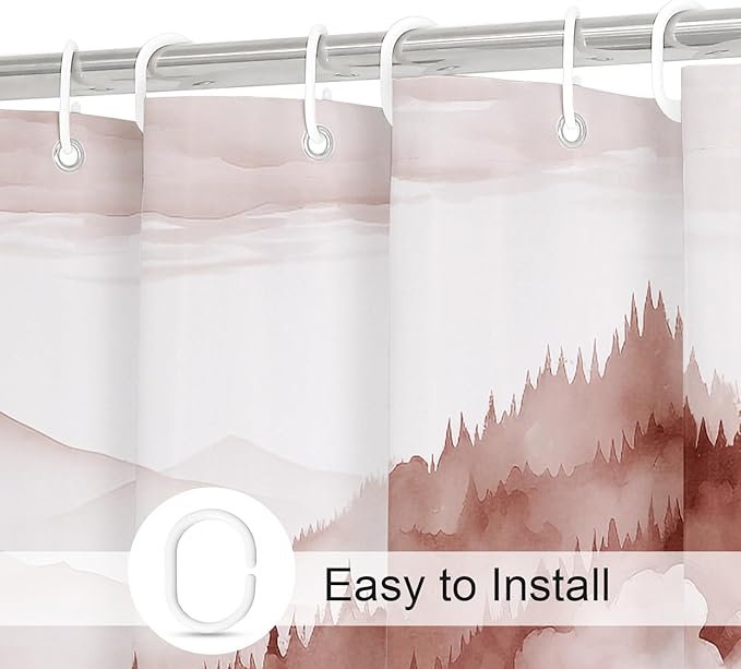 Burgundy Small Stall Misty Pine Forest Shower Curtain 36 x 72, Mountain Foggy Woodland Scenery Tree Narrow Half Size Shower Curtains for Bathroom, Abstract Waterproof Nature-Themed Decor