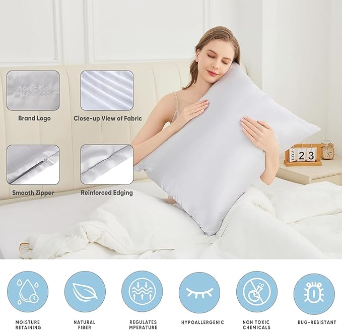 100% Mulberry Silk Pillowcases with Zipper– Luxurious, Anti-Aging Pillow Covers, 22 Momme 6A Grade Silk Pillow Cases 2 Pack for Hair and Skin Care (Silver Grey, King (U.S. Standard))