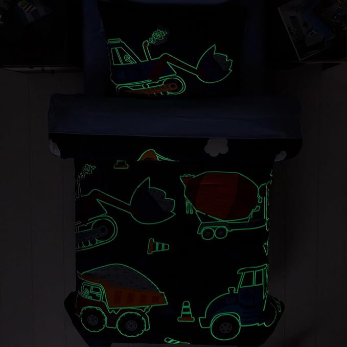 Twin Comforter Set for Boys-5 Pieces Truck Tractor Excavator Glow in The Dark Twin Bedding Sets for Kids, Ultra Soft Bed in A Bag with Sheets