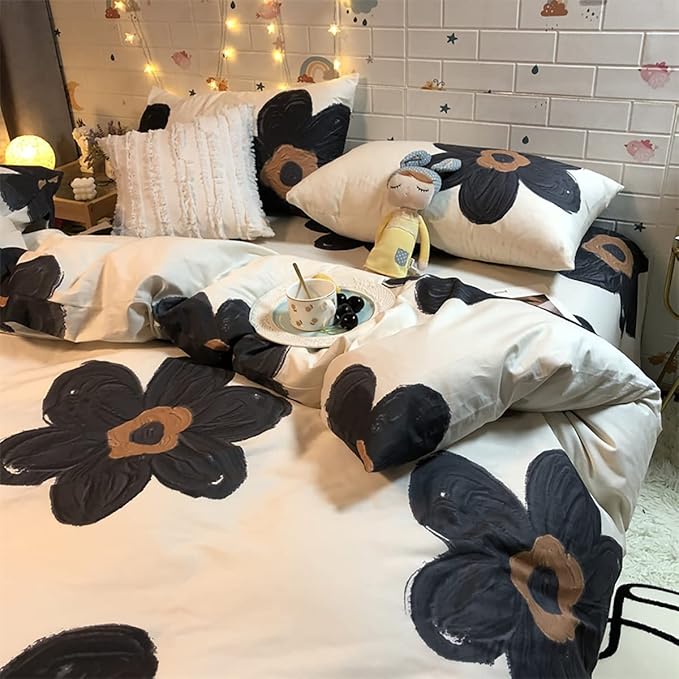 KAREVER Black Floral Comforter Set Girls Black Botanical Bedding Twin Women Boho Chic Blankets Lightweight Black Flower Reversible Bed Comforter Set Twin Size