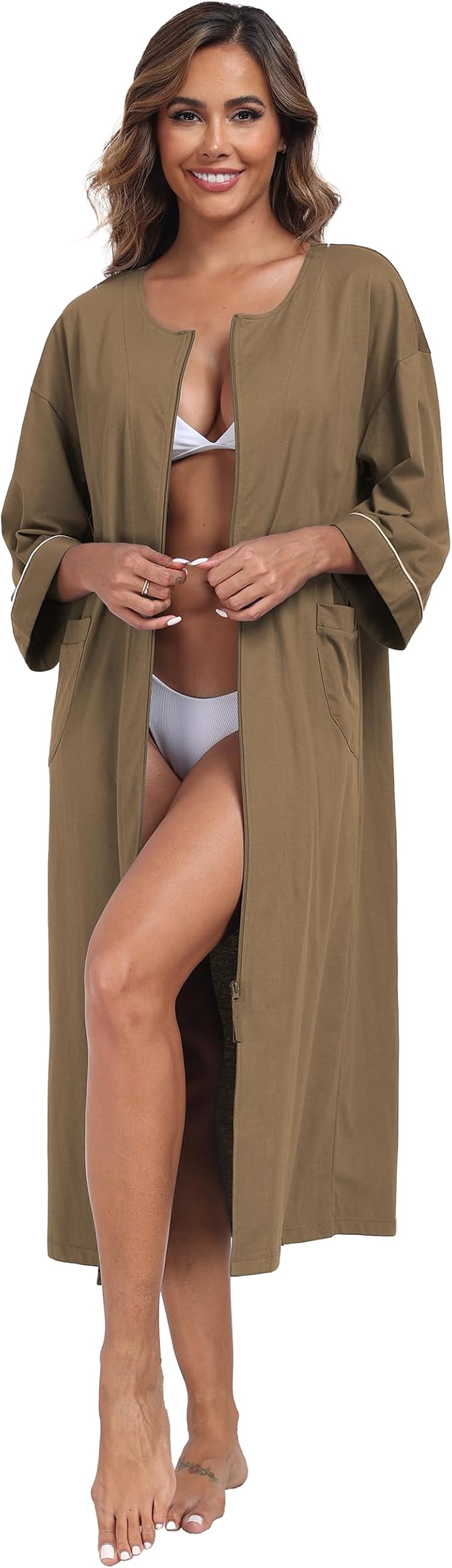 ANLIQI Women's 100% Cotton Robes Long Zipper Front House coats 3/4 Sleeve Bathrobes Lightweight Full Length Robe with Pockets
