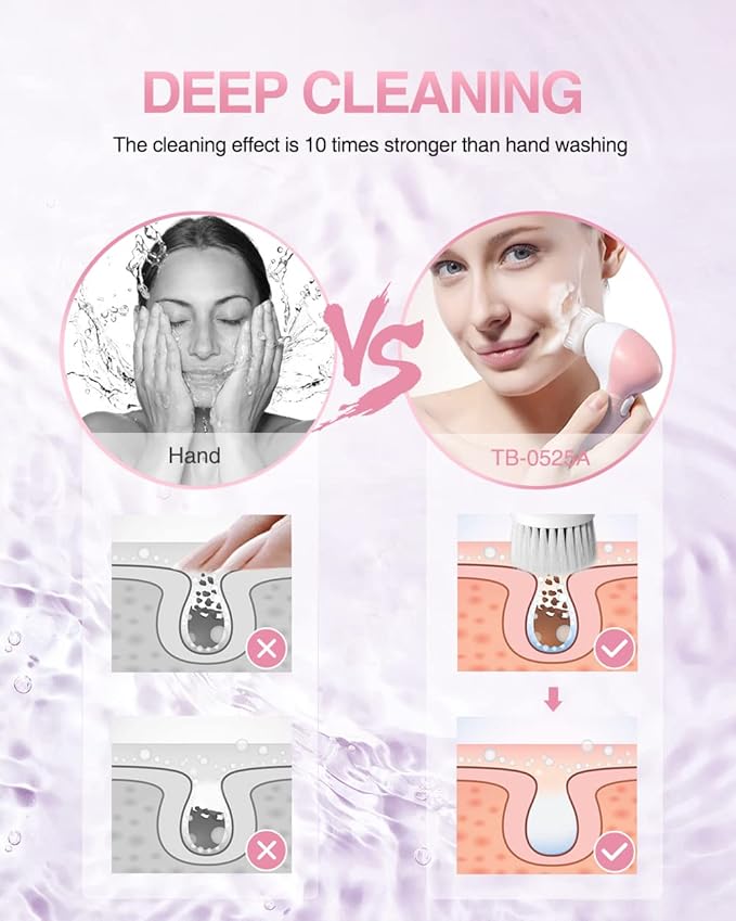 Electric Facial Cleansing Brush for Women, 3-in-1 Face Cleanser and Exfoliator Brush with 3 Brush Heads, 2 Speeds, Waterproof Spin Brush, Travel Size Case (Pink, Battery Operated)