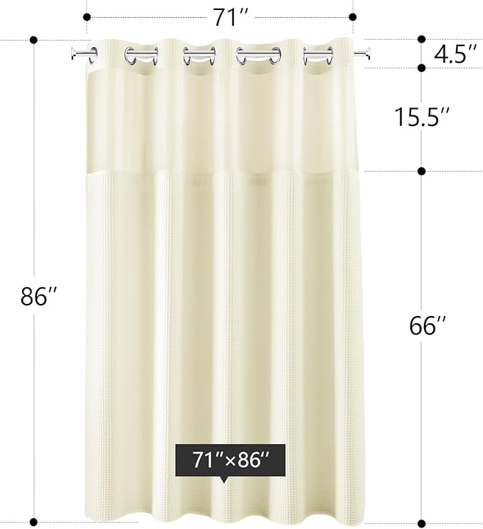 River Dream Cream Fabric Shower Curtain Set, Cotton Blend, Waffle Weave, with Snap in Replacement Liner，71 x 86 inches