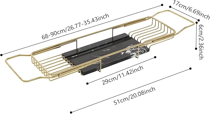 Bathtub Tray Caddy for Luxury Bath, Stainless Steel 26.8-35.4 in Expandable Extra Wide Bath Tub Tray with Natural Marble and Mobile/Tablet Stand, Ideal for Home Spa Lovers (Gold + Black)