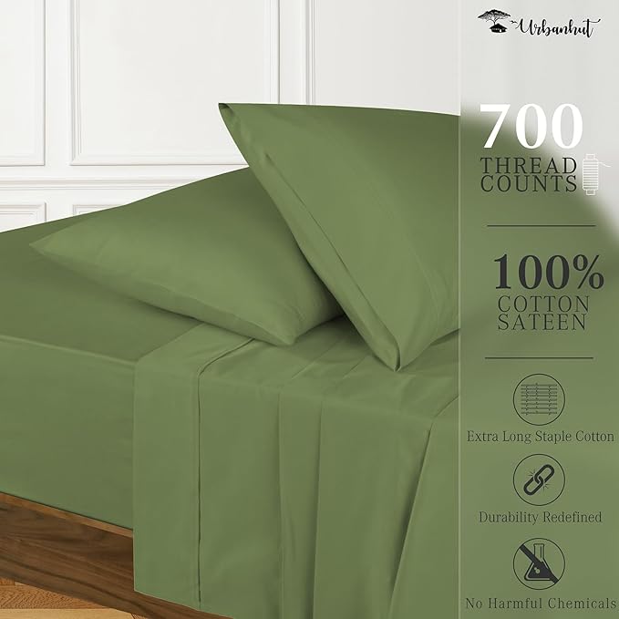 URBANHUT 700 Thread Count Egyptian Cotton California King Sheets, 4Pc Sheet Set Soft Luxury Bed Sheets for Cal King Size Bed, Sateen Weave Hotel Sheets, 16'' Elasticized Deep Pocket - Sage