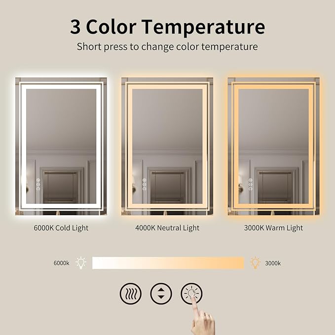 WTTY LED Bathroom Mirror 30"x36" with Backlit and Front Light,Dimmable LED Mirror for Bathroom,Anti-Fog Lighted Bathroom Vanity Mirror Modern for Wall,Memory Function,Shatter-Proof