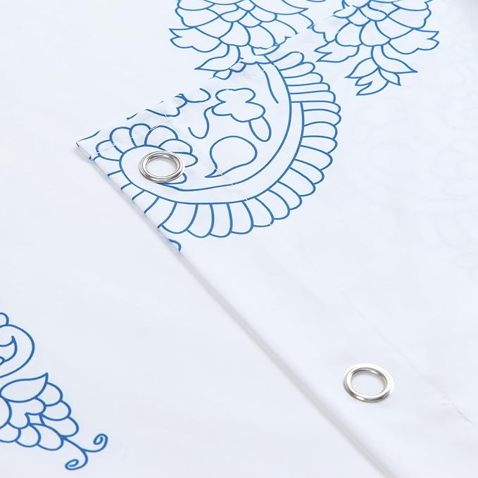Fabric Shower Curtain 78 Inches Long, White and Blue Paisley Damask Medallion Print Shower Curtains for Bathroom, 72" W x 78" H