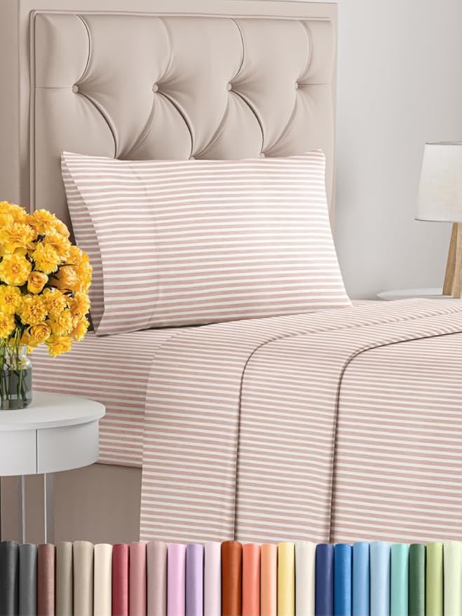 Twin XL Size 3 Piece Sheet Set - Extra Soft, Breathable & Cooling Sheets - Hotel Luxury Bed Sheets for Women & Men - Deep Pockets, Easy-Fit & Wrinkle-Free Sheets - Blush Stripes Oeko-Tex Bed Sheets