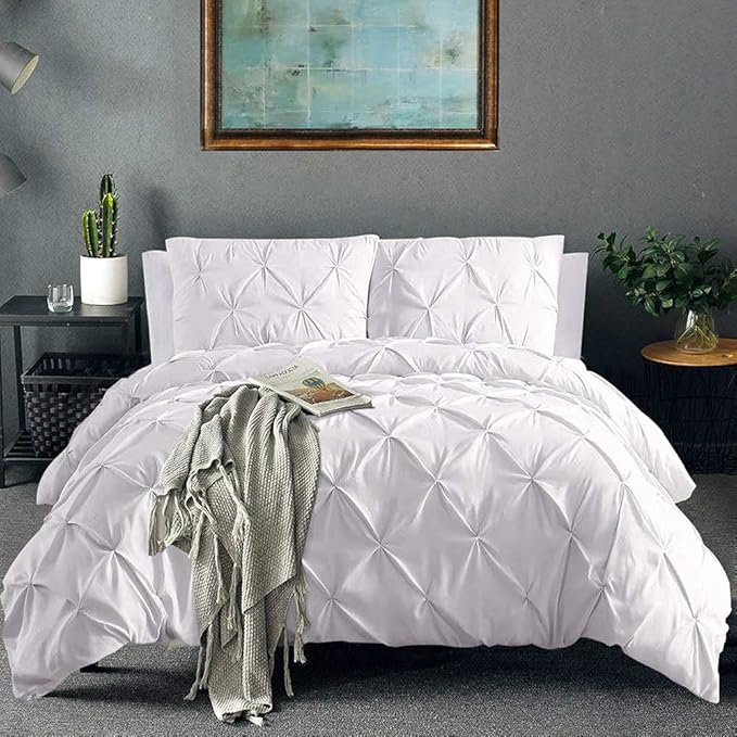 Pinch Pleated Duvet Cover Set 100% Brushed Microfiber 3PC Calking Size 98x104 Duvet Cover Set, Decorative Pinch Design White Duvet Cover with Matching Pillow Case