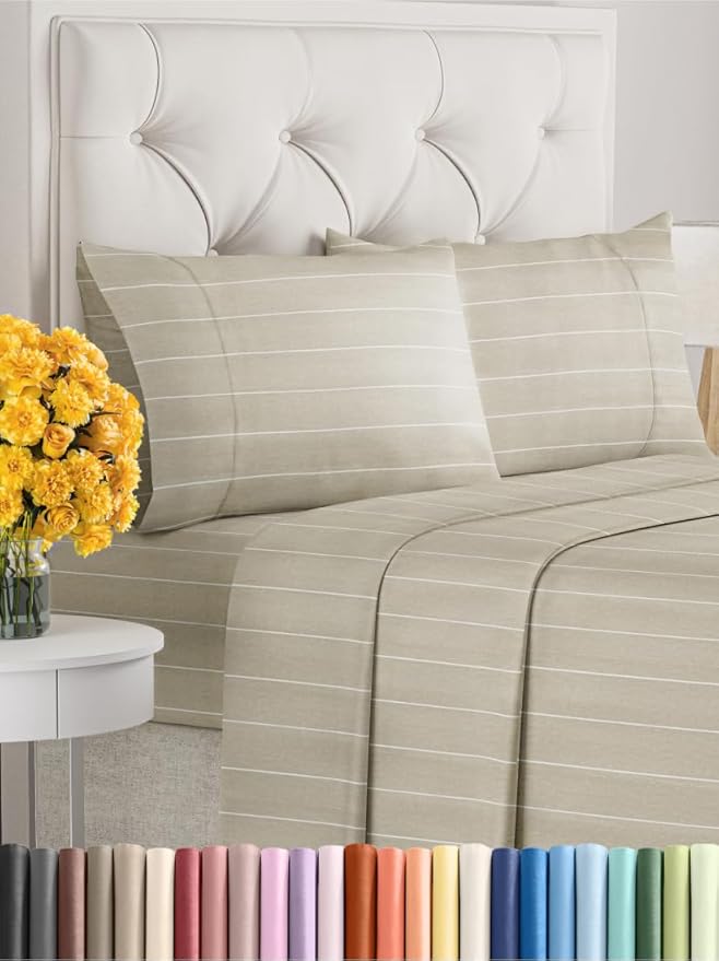 Queen Size 4 Piece Sheet Set - Extra Soft, Breathable & Cooling - Hotel Luxury Durable Bed Sheets - Deep Pockets, Easy-Fit & Wrinkle-Free - Beige Stripes Oeko-Tex