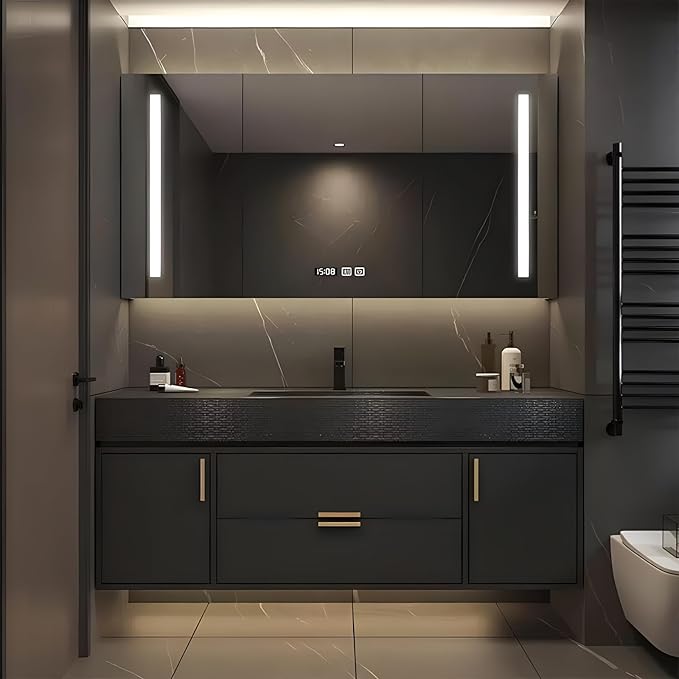 Bathroom Vanity, Floating Bathroom Vanity with Single Sink, Solid Wood Bathroom Vanities Includes LED Smart Defogging Mirror Cabinet & One-Piece Sink, Modern Vanities with 2 Drawer Storage (Black,68")