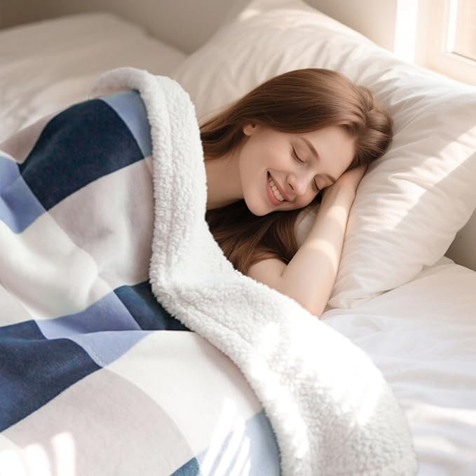 Sherpa Blanket Fleece Throw Blanket for Couch, Flannel Cozy Thick Warm Soft Twin Blanket for Bed, Gray-Soft Blue, 60x80 Inches