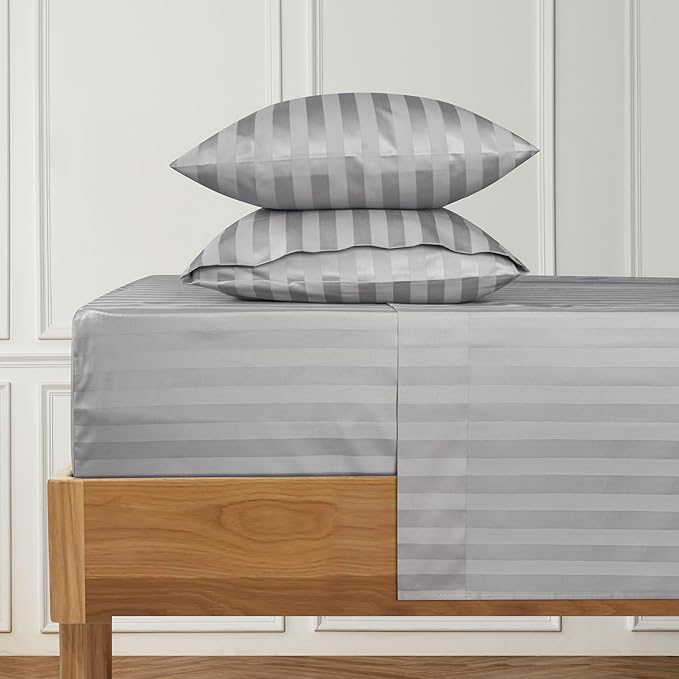 URBANHUT 1000 Thread Count Egyptian Cotton Sheets Damask Striped Full Size, Breathable Long Staple, 4 Pc Bed Sheet Sets, Luxury Hotel Sateen Finish Sheets Fits 16" Deep Pocket - Silver Grey