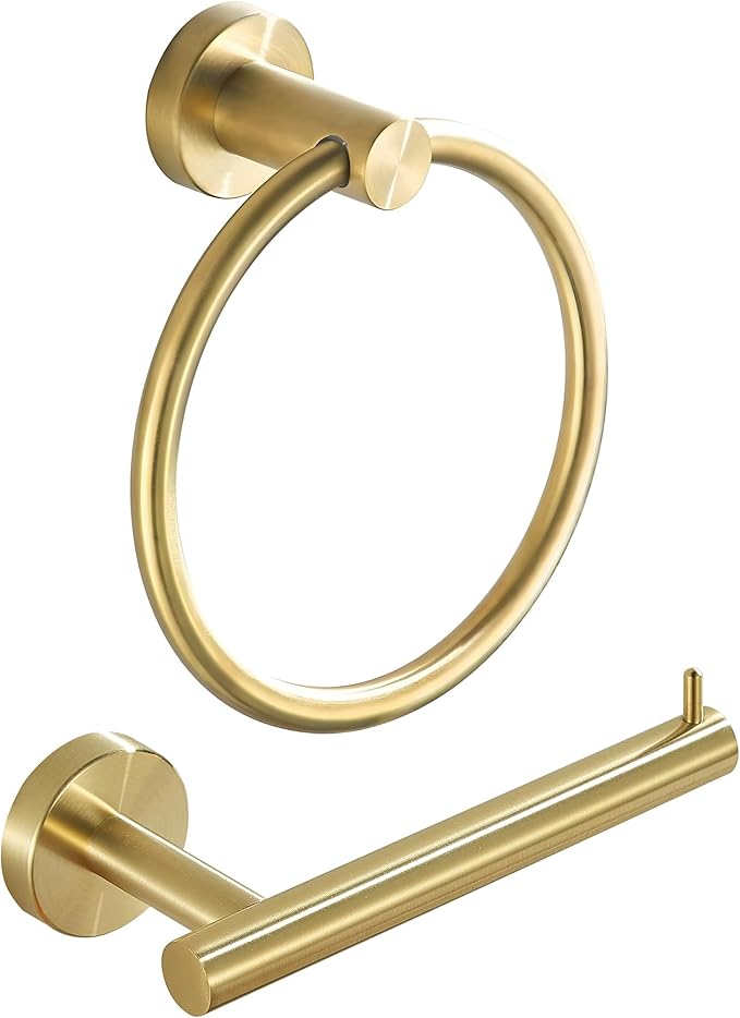 WINCASE Gold Toilet Paper Holder Towel Ring, Brushed Gold Bathroom Hardware Set, Hand Towel Holder Toilet Paper Roll Holder Wall Mount, Rustic Farmhouse Rustproof Stainless Steel 2 Pieces