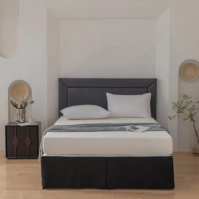 King Bed Skirt, Wrap Around Bed Skirt with Pleated Corner, 18 Inch Drop Pleated Waffle Weave Bedskirts, Anti-Slip, Microfiber, Black, 18'' King