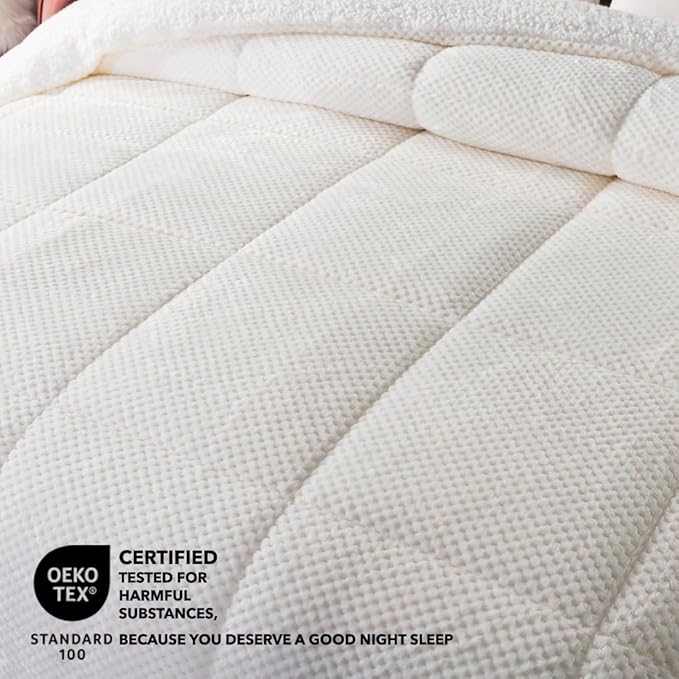 KASENTEX Super Ultra Soft Luxury Plush Sherpa Comforter, Cozy Reversible Faux Fur Machine Washable Bedding, Bright White, Queen Size