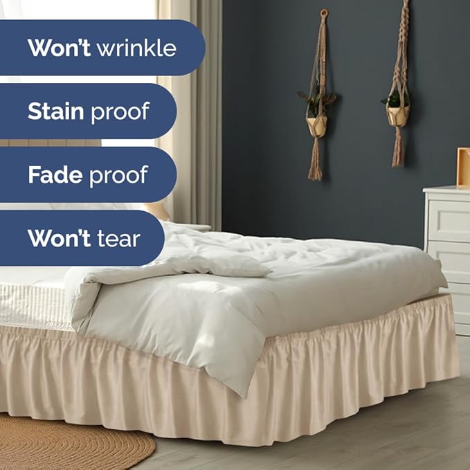 Wrap Around Dust Ruffle Bed Skirt - Wheat - for Queen Size Beds w/ 12 Inch Drop - Easy Fit Elastic Strap - Adjustable Pleated Bedskirt w/Brushed Fabric - Wrinkle Free - for Women, Men, Kids & Teens