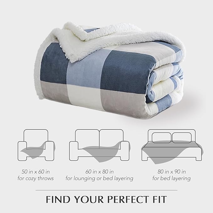 Blanket for Women, Sherpa Throw Blanket for Couch, Flannel Cozy Soft Blanket for Bed - Fleece, Gray-Soft Blue, 80x90 Inches