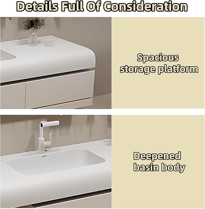 44IN Bathroom Vanity with Sink - Bathroom Cabinet Set has 2 Drawers & Overflow Hole Wall Mounted | LED Practical Defogging Mirror, Open Compartments, Seamless Rock Slab Basin (Coffee)