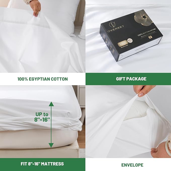 1000 Thread Count Egyptian Cotton Sheets Queen Size Set Sateen Weave Soft Breathable 16-Inch Deep Pocket 4PCS（Queen,White）