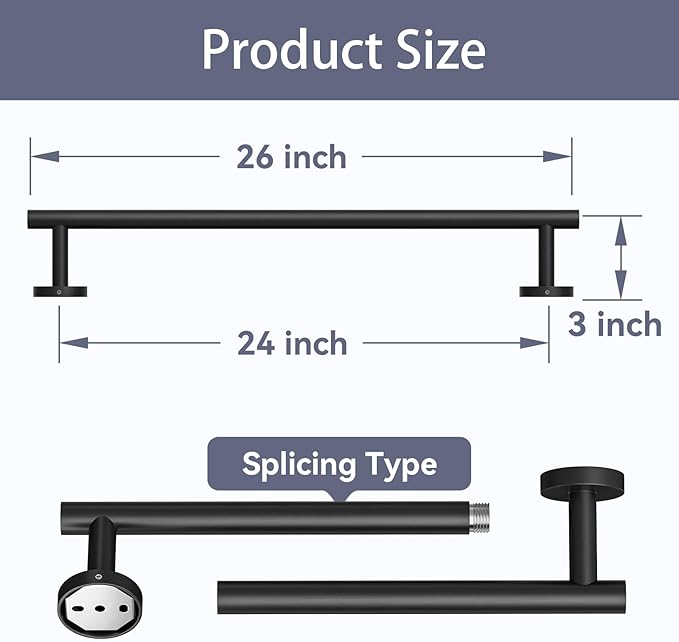 Matte Black Towel Bar, 24 Inch Bathroom Towel Rack, Towel Holder Wall Mounted, Thicken SUS304 Stainless Steel Towel Rod Modern Home Decor (Total Length 26-Inch)