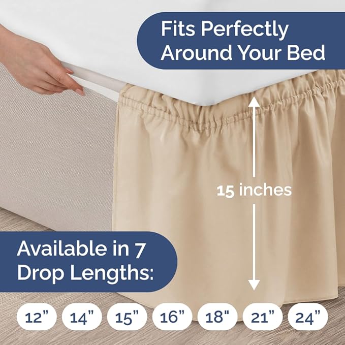 Wrap Around Dust Ruffle Bed Skirt - Cream - for Full Size Beds with 15 Inch Drop - Easy Fit Elastic Strap - Adjustable Pleated Bedskirt w/Brushed Fabric - Wrinkle Free - for Women, Men, Kids & Teens